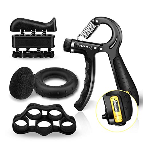 Grip Strength Trainer Counting Forearm Strengthener Workout Kit 5 Packs, Adjustable Resistance Hand Grip Strengthener 11-132 Lbs, Finger Exerciser, Finger Stretcher, Grip Ring, Stress Relief Grip Ball