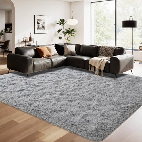 5x8 ft Light Grey Plush Shag Rug for Living Room & Bedroom