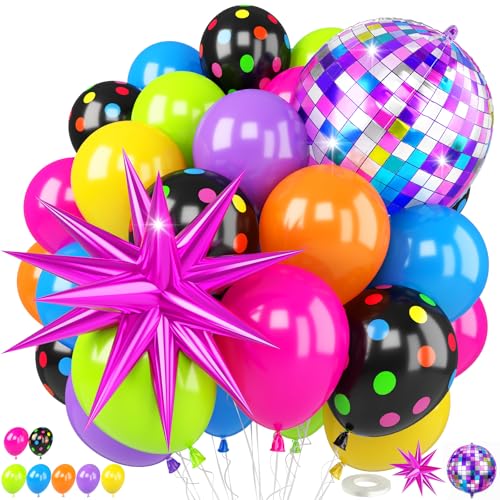 Image of Neon Balloons, 12Inch Disco Rainbow Balloons, Hot Pink Blue Green Orange Purple Colorful Dot Latex Balloon with Star and Disco Ball Foil Balloon for Retro 80s 90s Music Rock Theme Birthday Party Decor