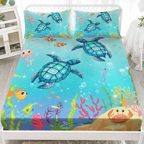 Sea Turtle Printed Fitted Sheet Set Queen 3Pcs for Kid Boy Girl Teen Adult