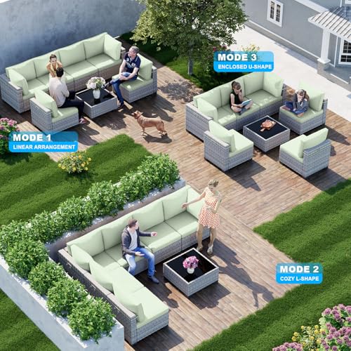 Image of Outdoor PE Wicker Rattan Modular Patio Sectional Sofa Set | 7-Piece: 6 Modular Seats & Coffee Table with Thick Cushions, Light Green