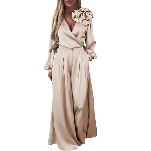 Women's V-Neck Long-Sleeved Top and Wide-Leg Pants Suit, Solid Color