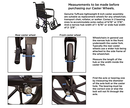 Tuffcare Caster Wheel, Hard Rubber Tire, 8" X 1"- 2 3/8" Hub Width; Fits Most Sunrise, Medline, Drive, Invacare, E&J, Guardian, Alco & Other Manual Wheelchairs (Gray, 5/16" Axle, Wide Hub) One Pair #TOP3
