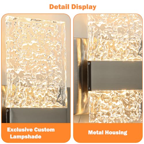 Image of Modern Brushed Nickel 2 Lights Bathroom Vanity Light, LED Bathroom Light Fixtures Over Mirror, Dimmable Acrylic Wall Lighting Fixtures, Hardwired Wall Light(H9.25in, L13.78in)