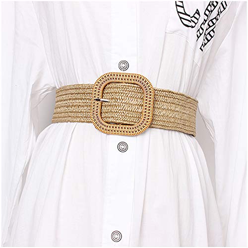 Women Skinny Dress Belt, Fashion Straw Woven Elastic Stretch Waist Band Wood Buckle