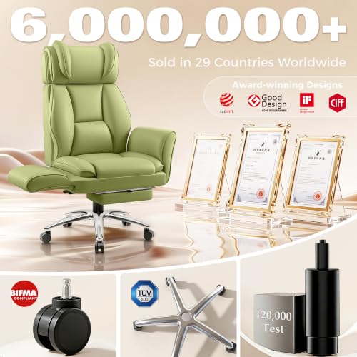 Image of Big and Tall Office Chair, Flip Armrests for Pets & Cross Legged Sitting, Ergonomic Leather Executive Desk Chair with Foot Rest, High-Back Reclining Computer Chairs for Home Office Gaming, Green