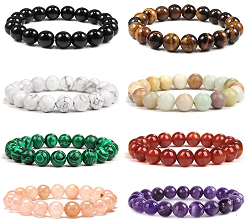 SONNYX 1-8 PCS 10mm Natural Stone Semi-Precious Gemstones Beaded Bracelets for Men Women Crystal Stretch Beaded Bracelet Unisex