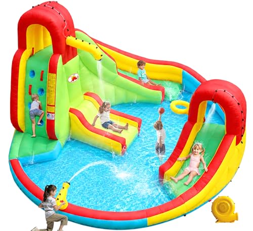 WELLFUNTIME Kids Inflatable Water Slide Park, 9 in 1 Bounce House with Dual Slides & Blower for Ages 3-10, Outdoor Summer Party Castle, 165x165x90.5 inch