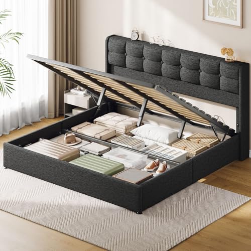 Vinabilia Lift Up King Size Bed Frame with Storage Upholstered King Bed Frame with Wingback Headboard No Box Spring Needed Easy Assembly - Dark Grey