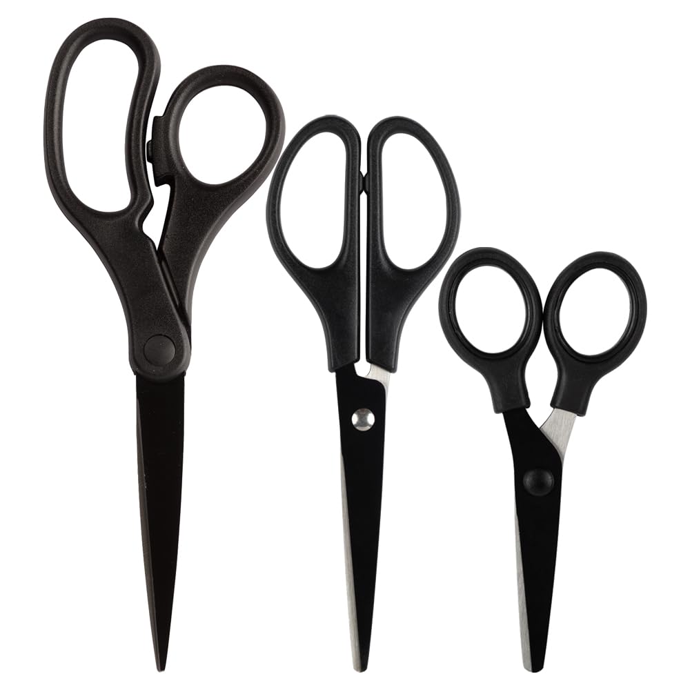 JAM PAPER Multi Purpose Scissors Set - Black - Assorted Sizes - Ergonomic Handle &amp; Stainless Steel Pointed Tip Blades - 3/Pack