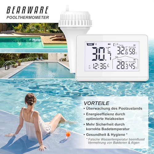 CSL - Funk Poolthermometer digital inkl. Wetterstation - Basisstation und Außensensor – Funkuhr - Wassertemperatur Innentemperatur Außentemperatur Luftfeuchtigkeit - schwimmend – DCF Uhrzeit