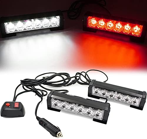 FOXCID 2 X 6 LED 9 Modes Traffic Advisor Emergency Warning Vehicle Strobe Lights for Interior Roof / Dash / Windshield / Grille / Deck Universal Waterproof (White / Red)