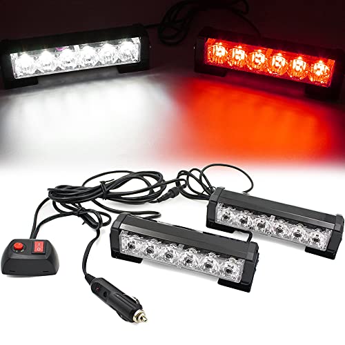 Foxcid 2 X 6 Led 9 Modes Traffic Advisor Emergency Warning Vehicle Strobe Lights For Interior Roof / Dash / Windshield / Grille / Deck Universal Waterproof (White / Red) #TOP3