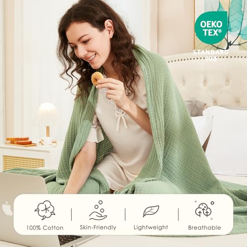 Image of EMME Muslin Blankets for Adults Throw Blanket for Couch Breathable Gauze Soft Lightweight Airy Sage Green Throw 50 inch x 60 inch