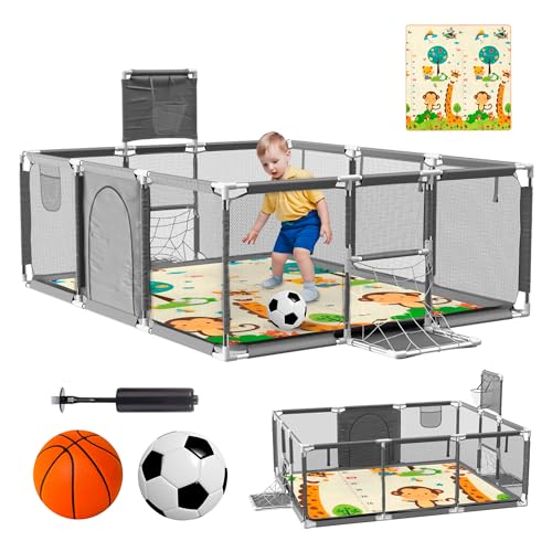 JUPPLIES Parque Infantil Bebe + Alfombra de Juego + Pelota de Futbol y Baloncesto - Corralito de Bebé Plegable 180 x 120 x 60cm - Parque de Juegos Bebé Con Malla Transpirable - Gris