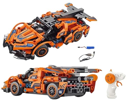 Image of RC Remote Control Engineering Model Car Creative Assembly Toy Kit 2.4GHz Rechargeable Sports Car Toy with Openable Doors & High Speed Racing DIY Model Kit for Kids (Block Rc Car Orange)