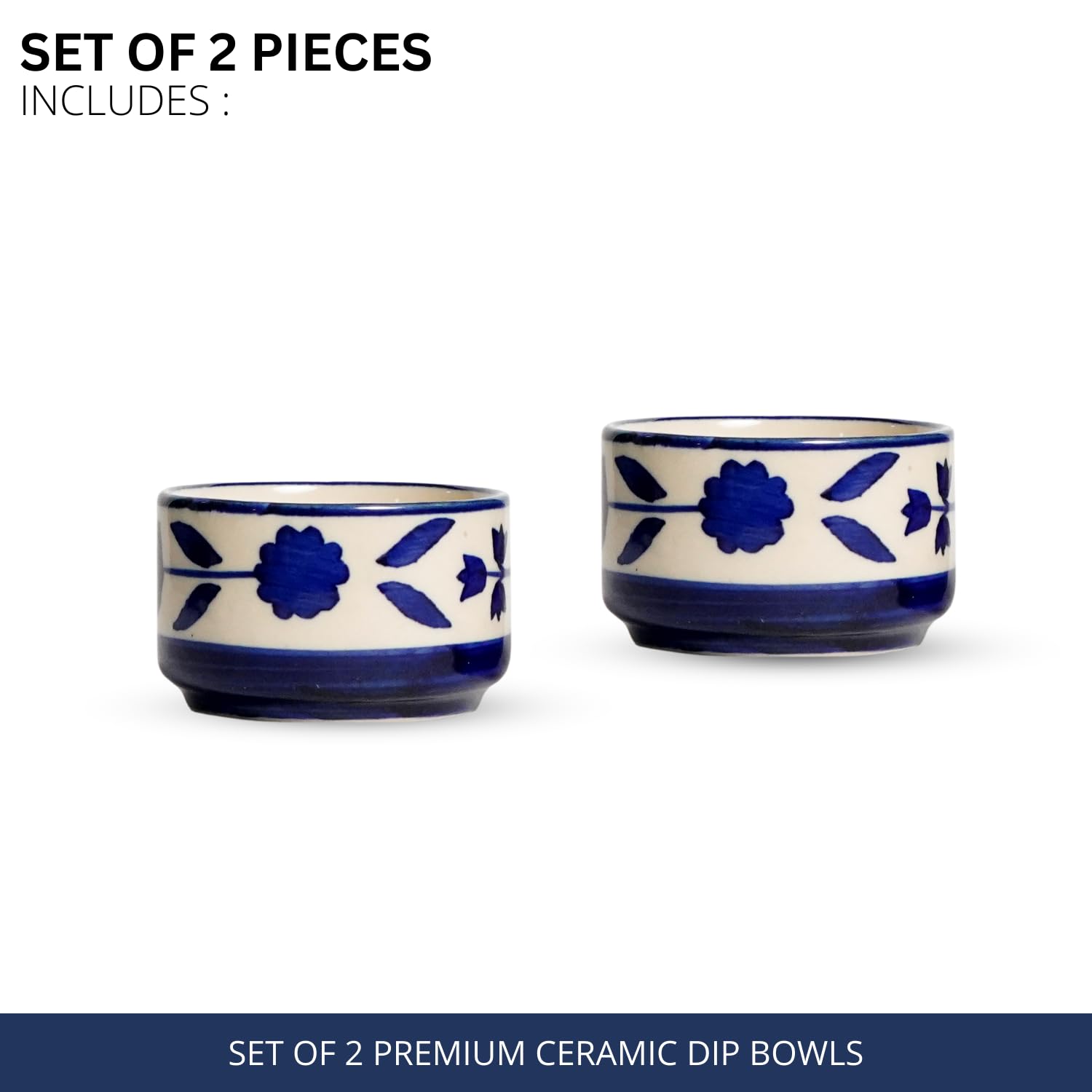 Freakway Hand Painted White Ceramic Dip Bowls | Bowls Set of 2, 40Ml | Bowl for Serving Chutney Bowl/Pickle Bowl/Small (Floral BLU & WHT) 2