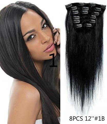 Uotp Hair ®Straight Remy Human Hair Clip in Hair Extension 12 Inches, 8pcs/set, Color #1B Off Black