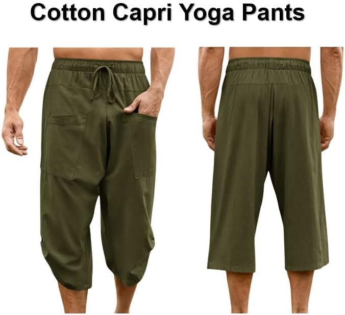 Gafeng Mens Linen Harem Capri Pants Drawstring 3/4 Shorts Casual Beach Yoga Hippie Thai Pants - Image 6