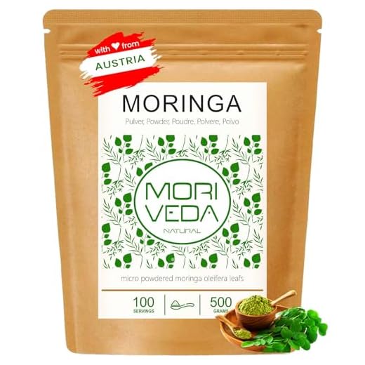 MoriVeda Moringa Pulver, mikrofeines Oleifera Blattpulver mit Vitaminen, Proteinen, Aminosäuren und Mikronährstoffen, nach ayurvedischer Rezeptur, vegan und glutenfrei, 500 g