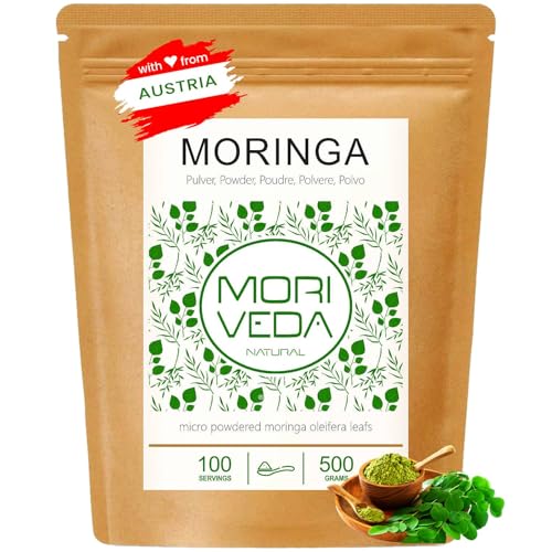 MoriVeda Moringa Pulver mikrofeines Oleifera Blattpulver mit Vitaminen Proteinen Aminosäuren und Mikronährstoffen nach ayurvedischer Rezeptur vegan und glutenfrei 500 g