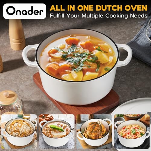 Onader Enameled Cast Iron Dutch Oven, 3QT Round Dutch Oven Pot with Lid for Bread Baking Cooking - White