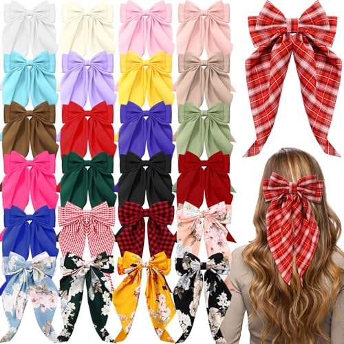 Nœud à cheveux en satin à carreaux pour femme - Lot de 25 pinces surdimensionnées
