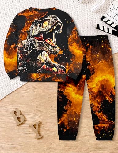 Image of Boys Clothes, T-Rex Print Dinosaur Boy Clothes Fall Winter Outfits Long-sleeved Hooded Sweatshirt Pants 2Pcs Set