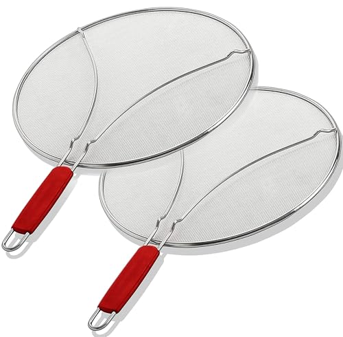 Image of ALPHA LIVING 2 Pack Splatter Guard for Frying Pan & Food Strainer and Universal Cookware 13 inch - Stops Hot Oil Splash - RED Handle - Splatter Screen for Cooking - Alpha Living