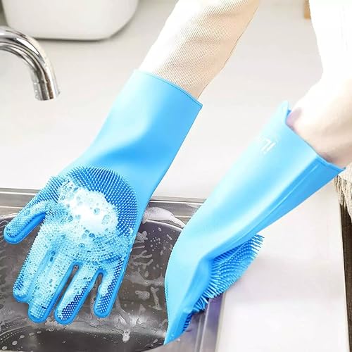 Image of UCRAVO Magic Dishwashing Cleaning Sponge Scrubbing Gloves Food Grade Silicone Dishwashing, Carwash, Pet Bathing, Multi-Purpose Cleaning Gloves Pet Bath Massage Gloves, Anti-Bite Hand Guard