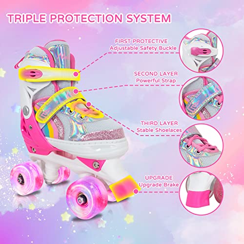 Girls Roller Skates For Big Kids Ages6-12 7 8 9 10, 4 Size Adjustable Rainbow Unicorn Quad Skates With All Light Up Wheels - Best Birthday Gift For Outdoor Sports #TOP3