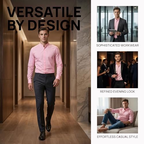 VANCOOG Men's Mandarin Collar Cotton Blended Casual Long Sleeve Button Down Collared Formal Shirts-Pink-S — view 6