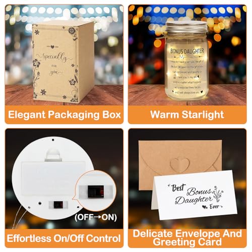 Image of Bonus Daughter Mason Jar Night Light, Bonus Daughter Birthday Gifts from Stepmom, Step Daughter Gifts, Gifts for Daughter in Law