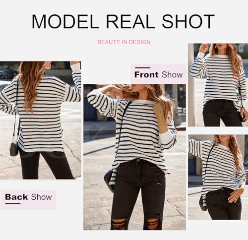 Image of Dokotoo Sweaters for Women Crewneck Long Sleeve Striped Color Block Loose Knit Pullover Sweater Tops