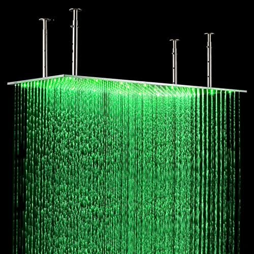 KunMai 20"x40" LED Modern Luxurious Stainless Steel Rectangle Ceiling Mounted Rain Shower Head in Brushed Nickel (With LED, Brushed Nickel)