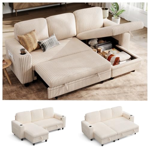 Image of LINSY HOME Modular Sectional Couch with Pull Out Bed, 81 inch L Shape(3 Seats) Sofa with Storage Chaise, Corduroy Convertible Sofa Bed, USB, Cup Holders, Side Pocket, Sleeper Sofa for Living Room, Beige
