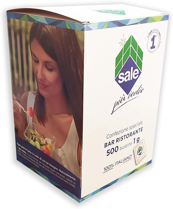 2 espositori Sale di Sicilia Fino Iodato monodose totale 1000 bustine da 1 g in Dispenser di cartone La qualità del Sale di Sicilia Più Iodio disponibile in pratiche ed igieniche bustine