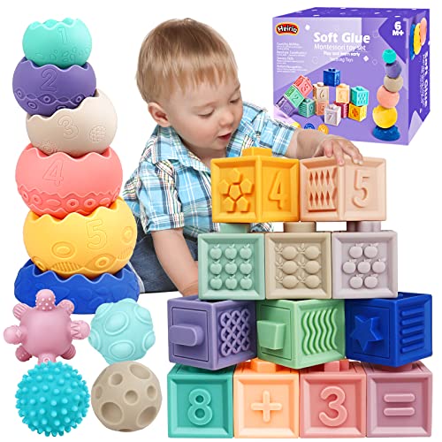 Image of Montessori Toys for Babies 6-12 Months, 22PCS Sensory Soft Baby Toys Include 12 Baby Blocks with Number, 6 Stacking Toys, 4 Sensory Balls, Infant Teething Toys for Toddlers, Easter Baby Toys Gifts
