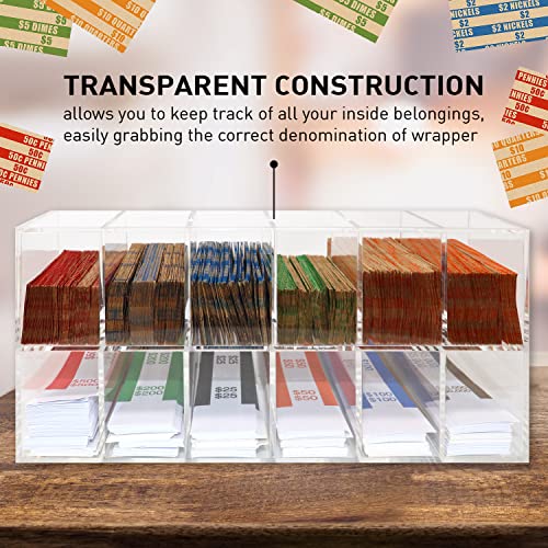 Nadex Acrylic Bills and Coins Wrappers Tray - Includes Compartment Rack Tray with 110 Pcs Bill Wrapper Straps and 110 Pcs Coin Wrappers (Clear) - Thumbnail 4