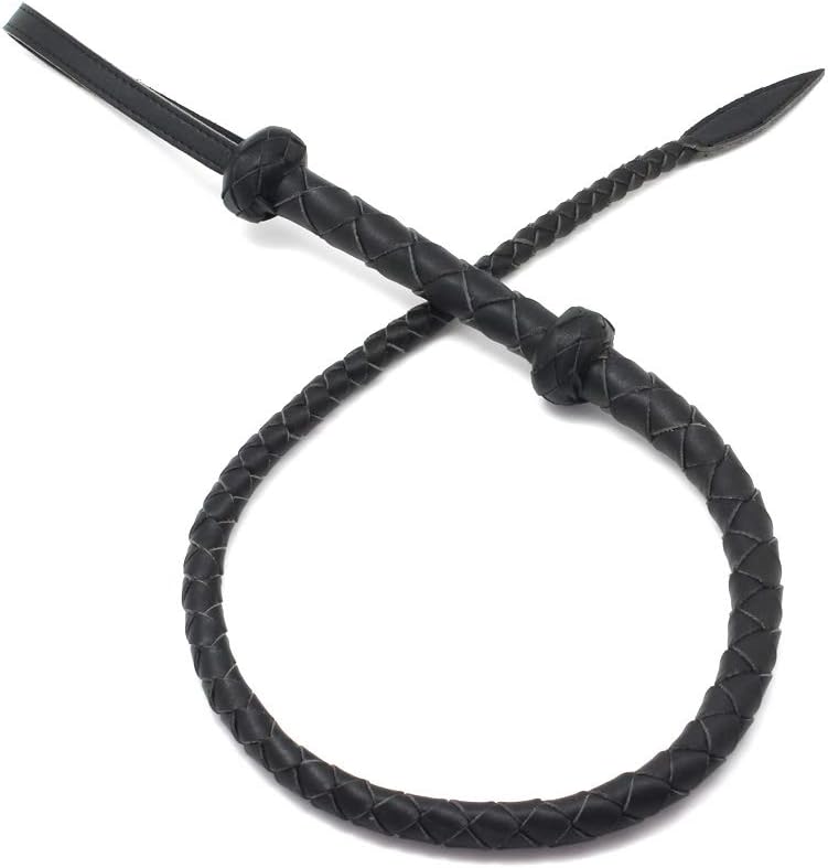 smspade Horse Leather Whip Black Braided Leather Bull Whip 37.5" Braided Handle Grip for Horseback Riding