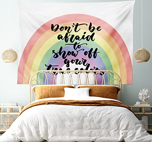 Lunarable Pride Tapestry, Lgbt Calligraphy Don't Be Afraid To Show Off Your True Colors Message With Rainbow, Fabric Wall Hanging Decor For Bedroom Living Room Dorm, 23" X 28", Multicolor #TOP4
