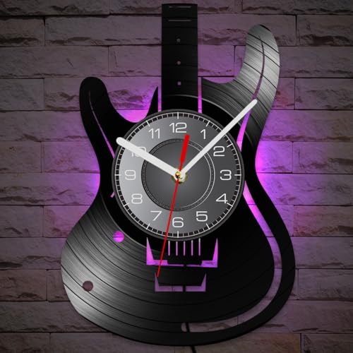 12 Inch Guitar LED Wall Clock with 7 Luminous Modes, Musical Instruments Clock Watch Silent Non Ticking Guitar Shaped Wall Clock for Music Room Rock N Roll Decor Music Lovers Guitarist Gifts