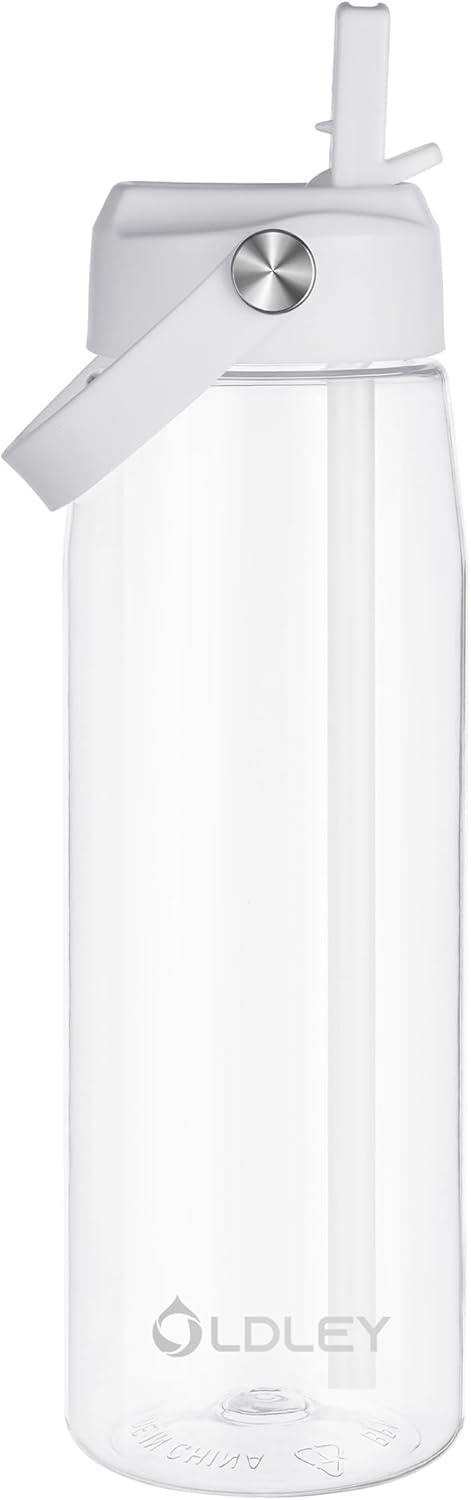OLDLEY 32 oz Water Bottle with Straw, Leakproof Sports Water Bottle with Carry Strap, BPA-Free Large Water Bottles for Home,Travel, School, Outdoors, Gym, Tritan,Transparent