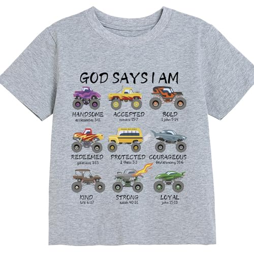 BubblyBee Childrens God Says I Am Series T-Shirts Baby Christian Shirts Boys Summer Gift Bible Verse Truck Excavator Tractor Cotton Short Sleeve Tops 5T