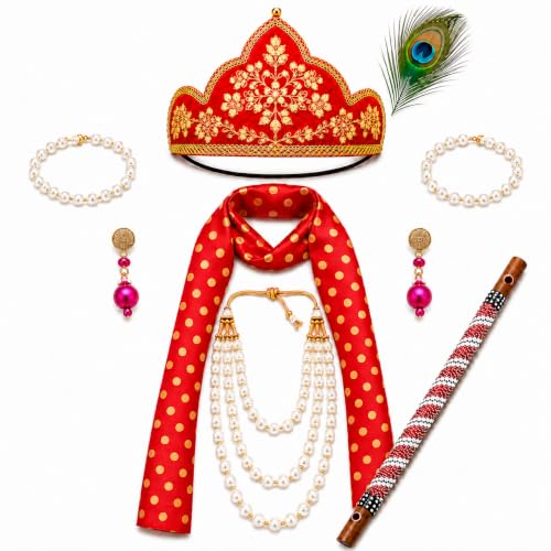 Image of Sarvda Krishna & Radha Dress for Kids - Complete Janmashtami Costume Sets with Dhoti /Lehenga, Mukut, Mor Pankh, Bansuri & Accessories | Fancy Dress for Baby Boys & Girls