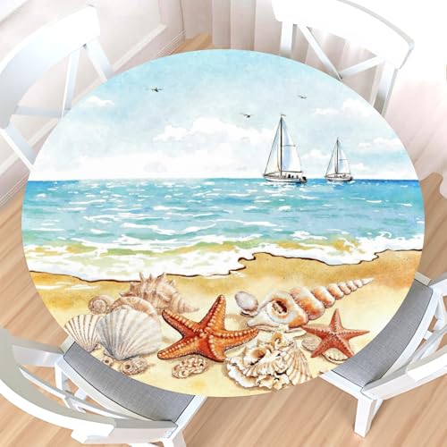 Summer Beach Round Fitted Tablecloth with Elastic Edge,Waterproof Wipeable Reusable Ocean Coastal Tropical Starfish Seashell Table Cover for 44-48" Stretch Table Cloth for Dinner Indoor Outdoor Party