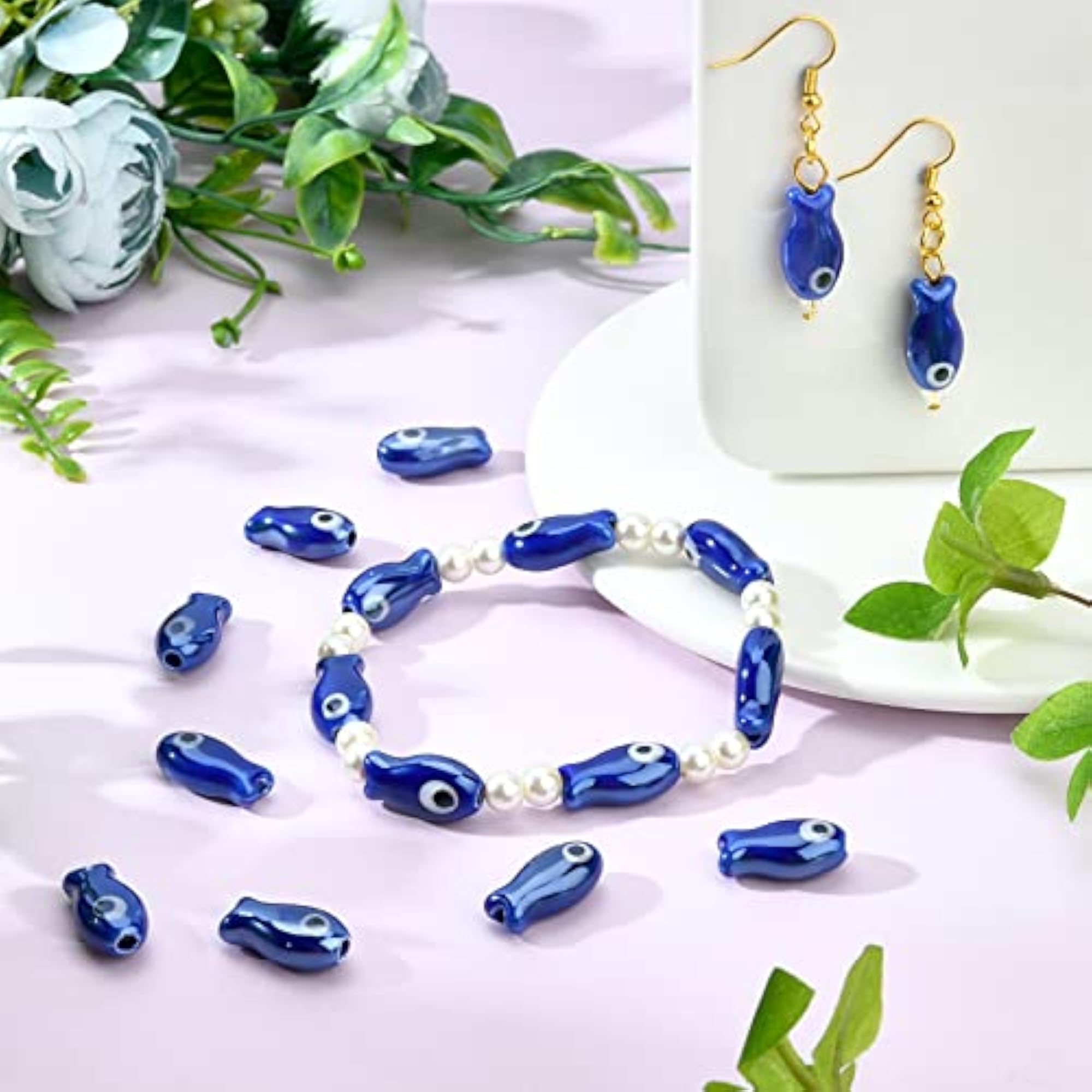 17 Pcs Porcelain Ceramic Fish Evil Eye Beads