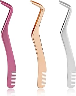 3pcs Lash Tweezers Set, Stainless Steel Upgraded 2 in 1 Lash Extension Tweezers with Comb Eyelash Applicator for Volume Isolation Classic Lashes Smeared False Lashes (Rose Gold, Silver, Pink)