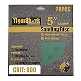 TigerShark 5 Inch Sanding Discs 8 Hole Wet Dry Grit 600 20pcs Pack Special Anti Clog Coating Film Green Line Hook and Loop Dustless Random Orbital Sander Paper