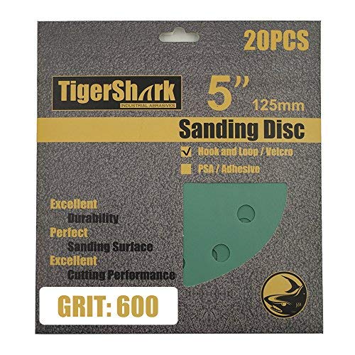 TigerShark 5 Inch Sanding Discs 8 Hole Wet Dry Grit 600 20pcs Pack Special Anti Clog Coating Film Green Line Hook and Loop Dustless Random Orbital Sander Paper